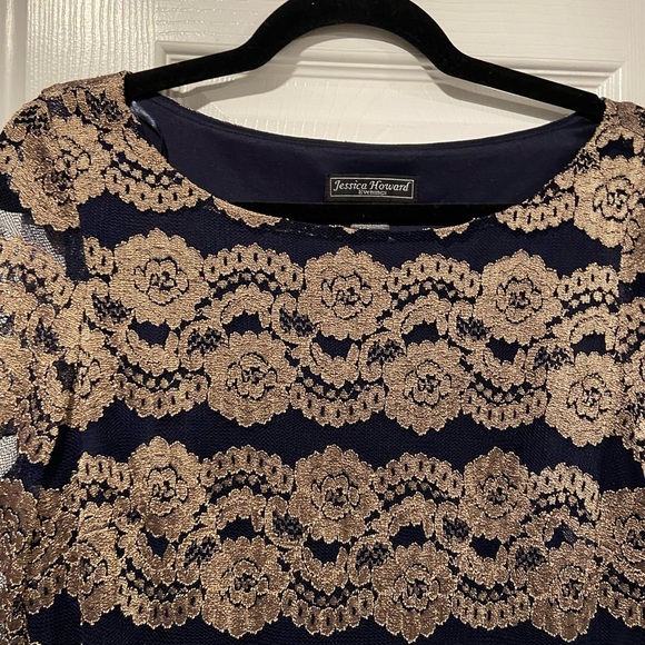 Jessica Howard Evenings Size 12 Long Sleeve Navy Blue Gold Lacy Sheath Dress - Picture 4 of 11
